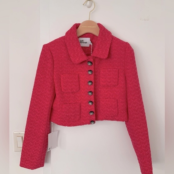 Self Portrait Boucle Tweed Cropped Jacket In Fuschia a pink NWT - Picture 7 of 11